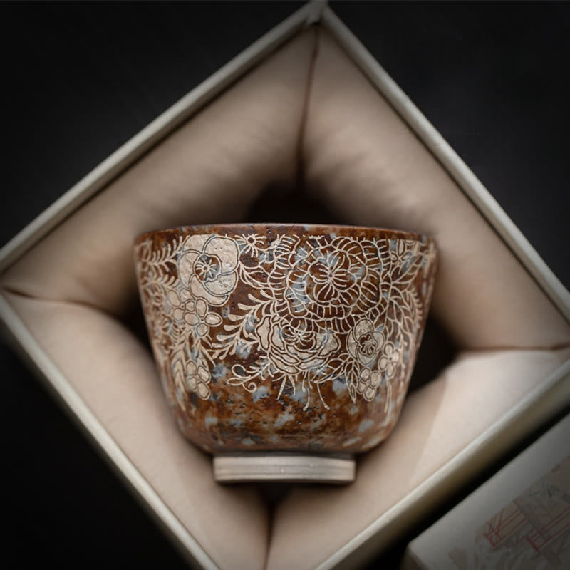 Brown Flowers Ceramic Teacup 100ml Home Accent