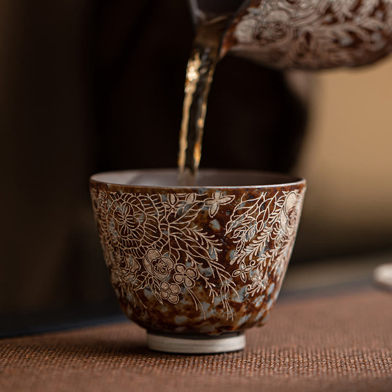 Brown Flowers Ceramic Teacup 100ml Home Accent