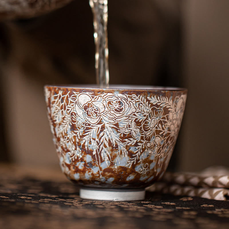 Brown Flowers Ceramic Teacup 100ml Home Accent