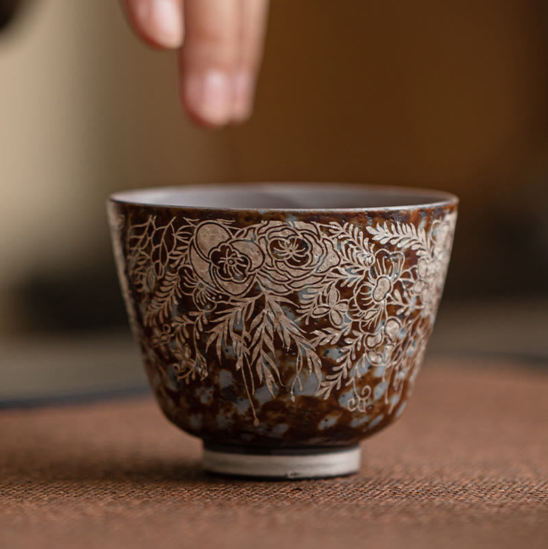 Brown Flowers Ceramic Teacup 100ml Home Accent