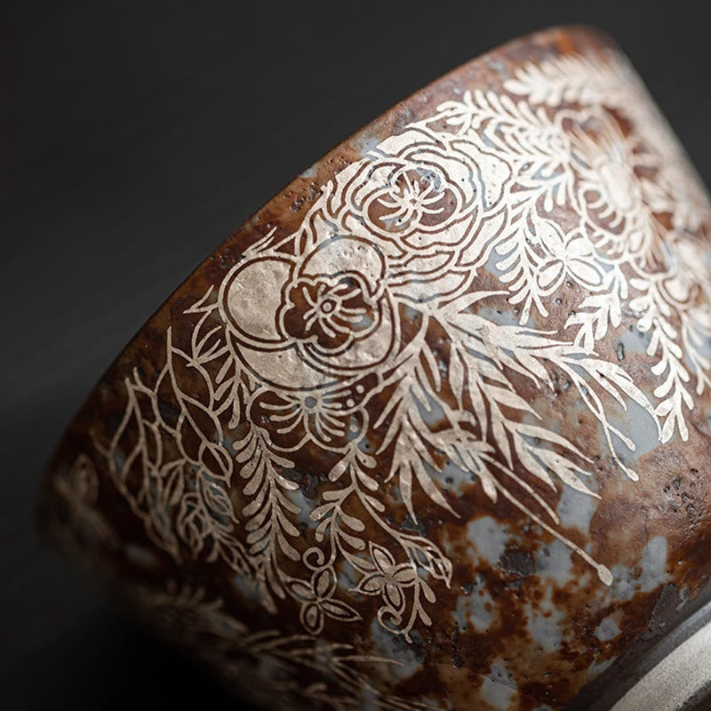 Brown Flowers Ceramic Teacup 100ml Home Accent