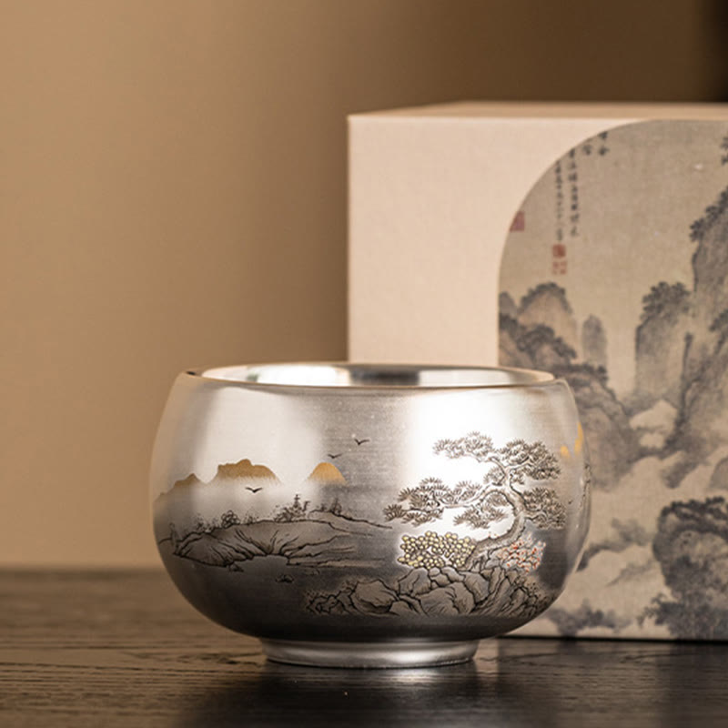 Zen Ceramic Tea Cup with Dragon and Nature Motifs