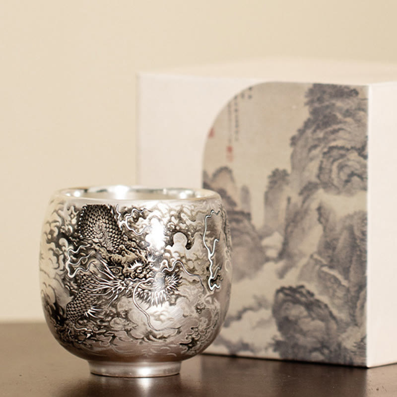 Zen Ceramic Tea Cup with Dragon and Nature Motifs