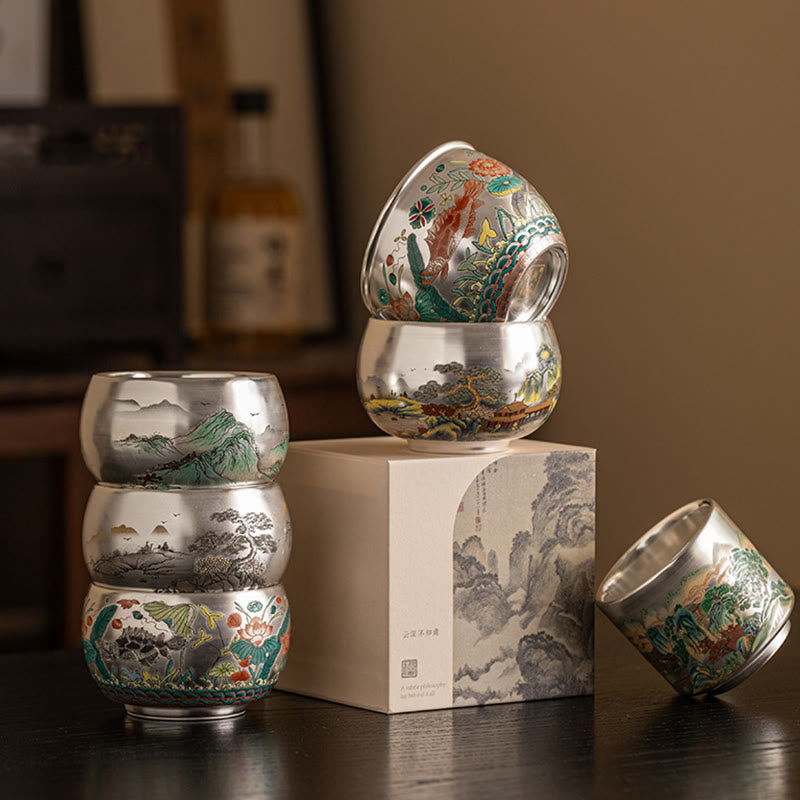 Zen Ceramic Tea Cup with Dragon and Nature Motifs