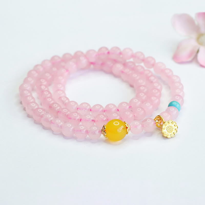 6mm Pink Crystal Lotus Bracelet for Women with Yellow Chalcedony