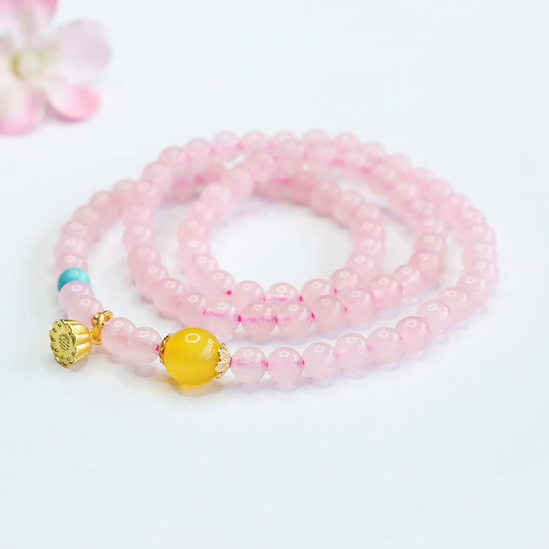 6mm Pink Crystal Lotus Bracelet for Women with Yellow Chalcedony