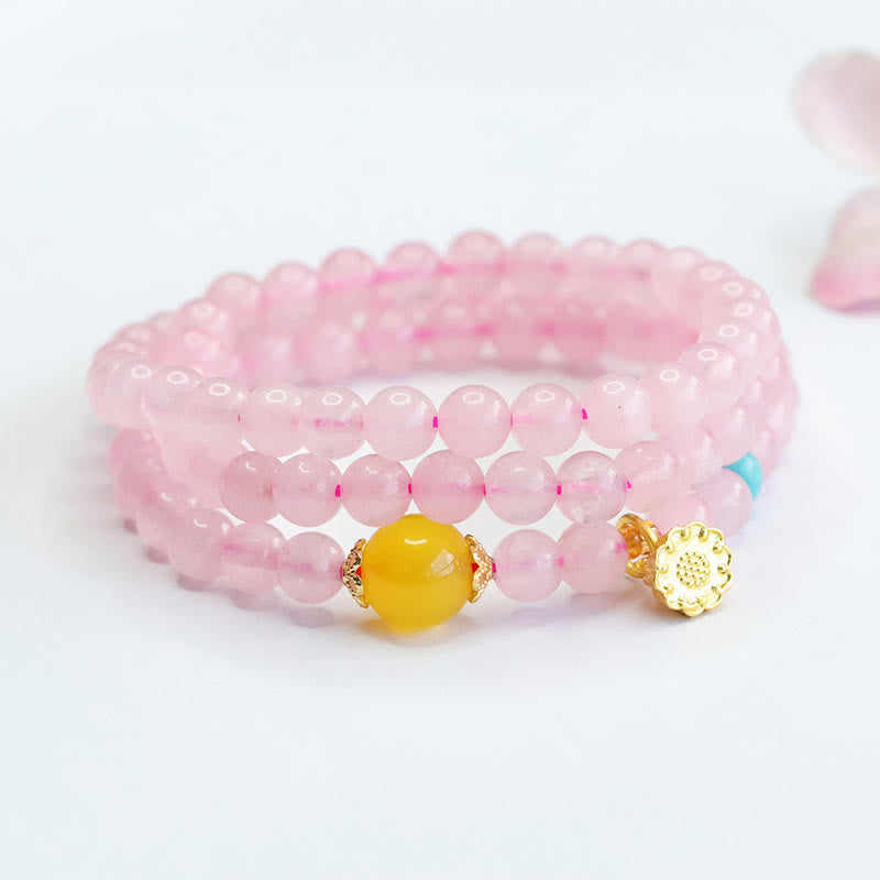 6mm Pink Crystal Lotus Bracelet for Women with Yellow Chalcedony