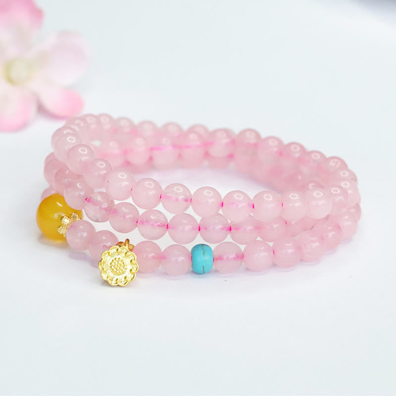 6mm Pink Crystal Lotus Bracelet for Women with Yellow Chalcedony