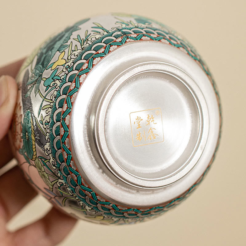 Zen Ceramic Tea Cup with Dragon and Nature Motifs