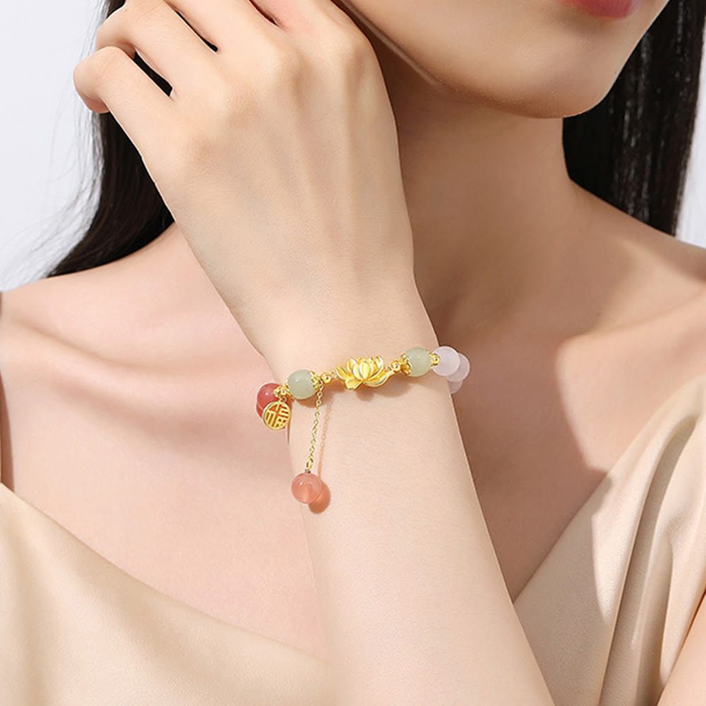 Hetian Jade Bracelet with Agate & Lotus for Good Fortune