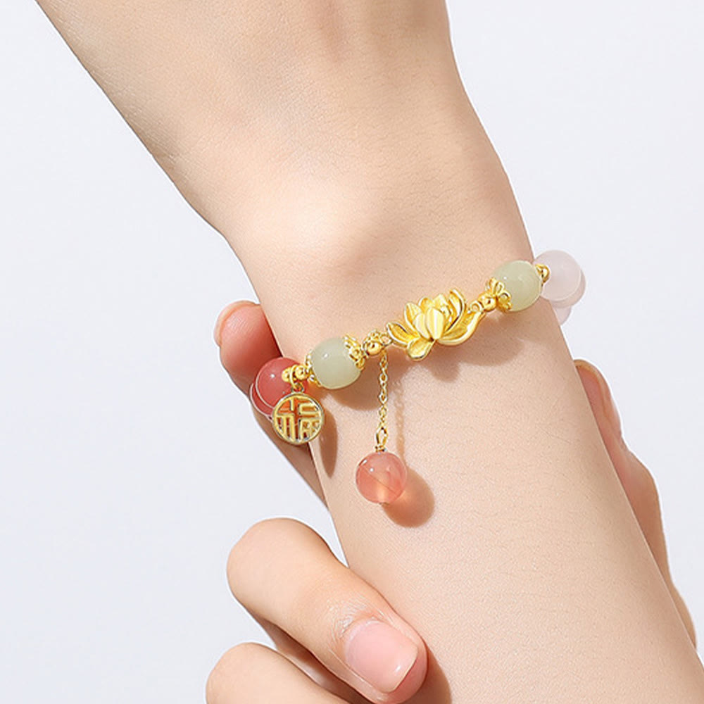Hetian Jade Bracelet with Agate & Lotus for Good Fortune