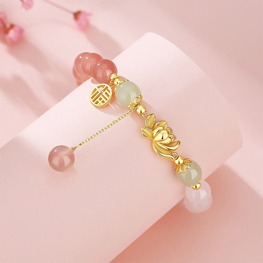 Hetian Jade Bracelet with Agate & Lotus for Good Fortune