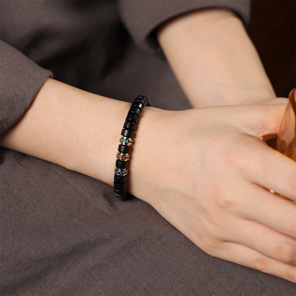 Ebony Wood Peace Bracelet with Small Leaf Red Sandalwood and Zircon, Unisex