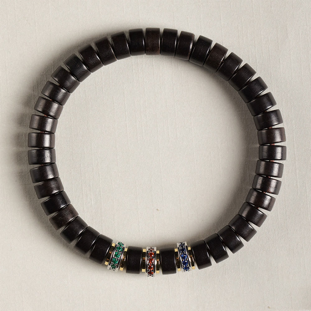 Ebony Wood Peace Bracelet with Small Leaf Red Sandalwood and Zircon, Unisex