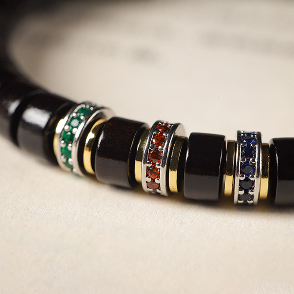 Ebony Wood Peace Bracelet with Small Leaf Red Sandalwood and Zircon, Unisex