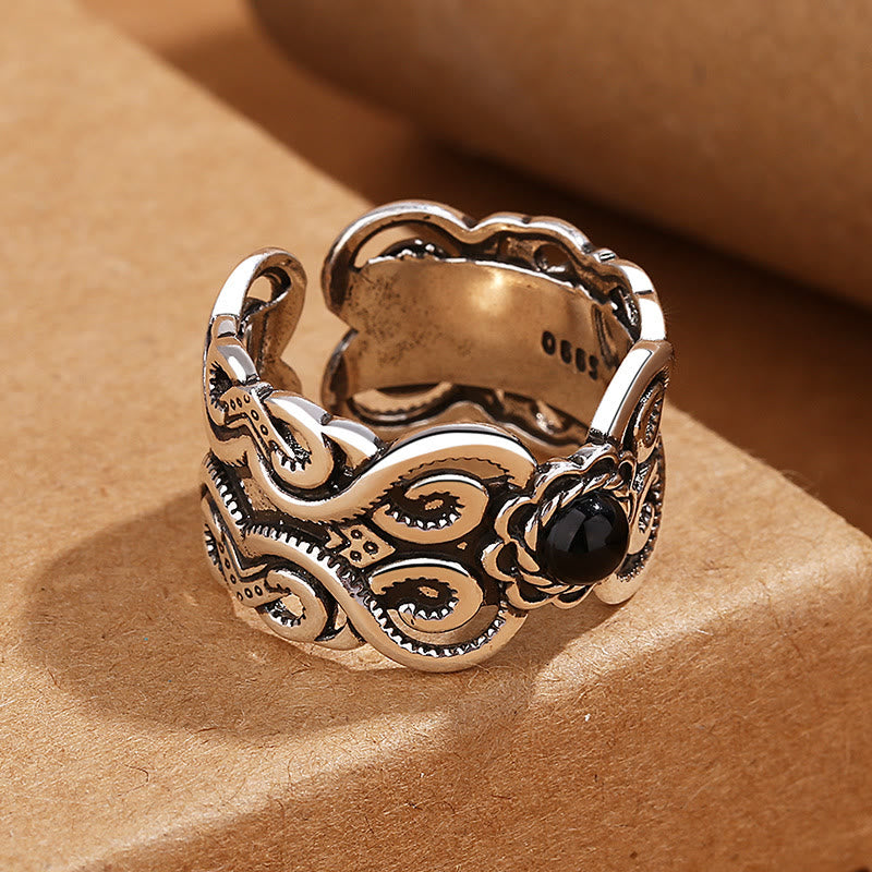 Adjustable Black Onyx Fortune Ring Copper Band