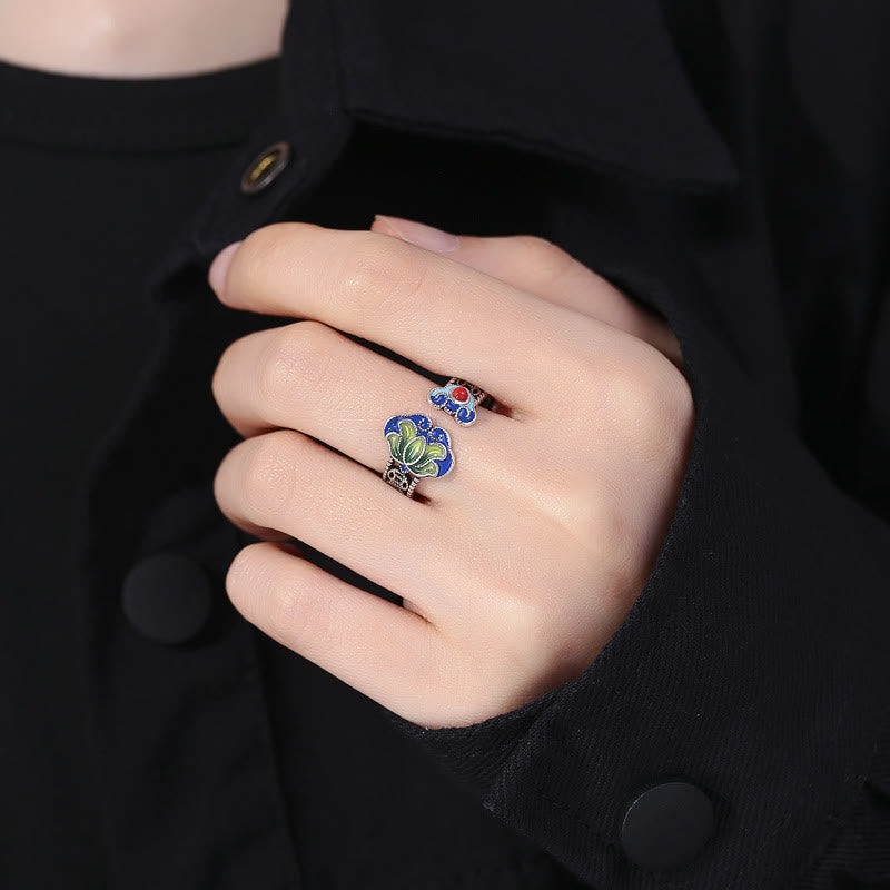 Adjustable Copper Lotus Flower Ring with Ruyi Handle Symbol