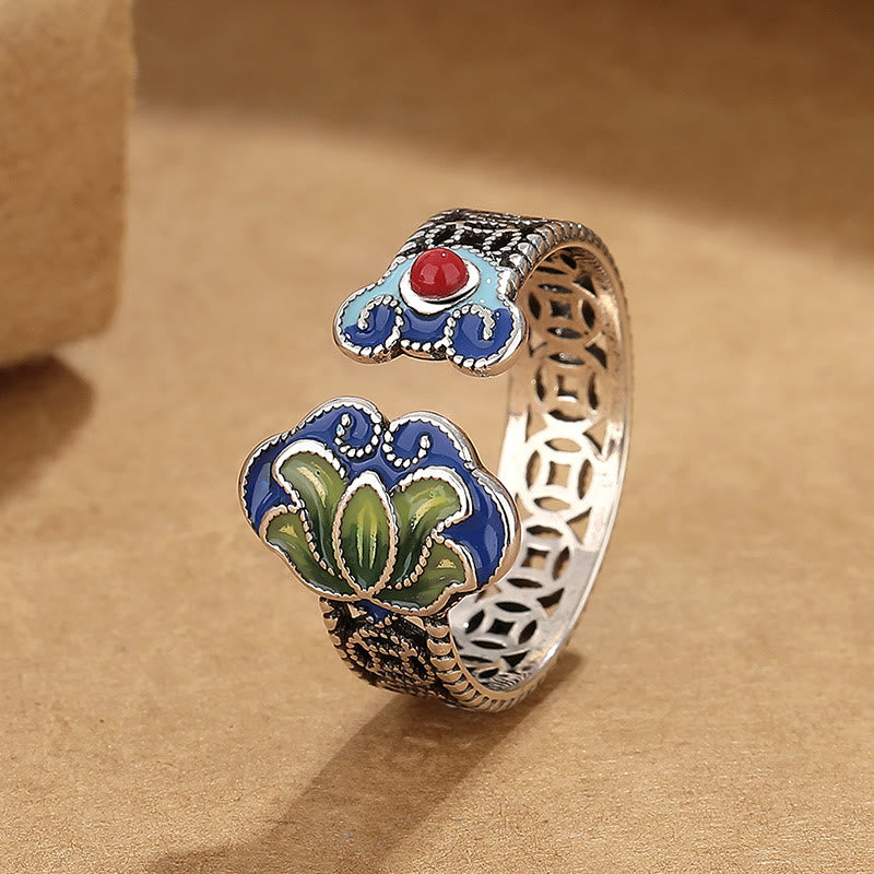 Adjustable Copper Lotus Flower Ring with Ruyi Handle Symbol