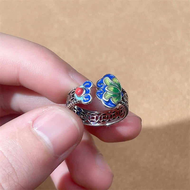 Adjustable Copper Lotus Flower Ring with Ruyi Handle Symbol