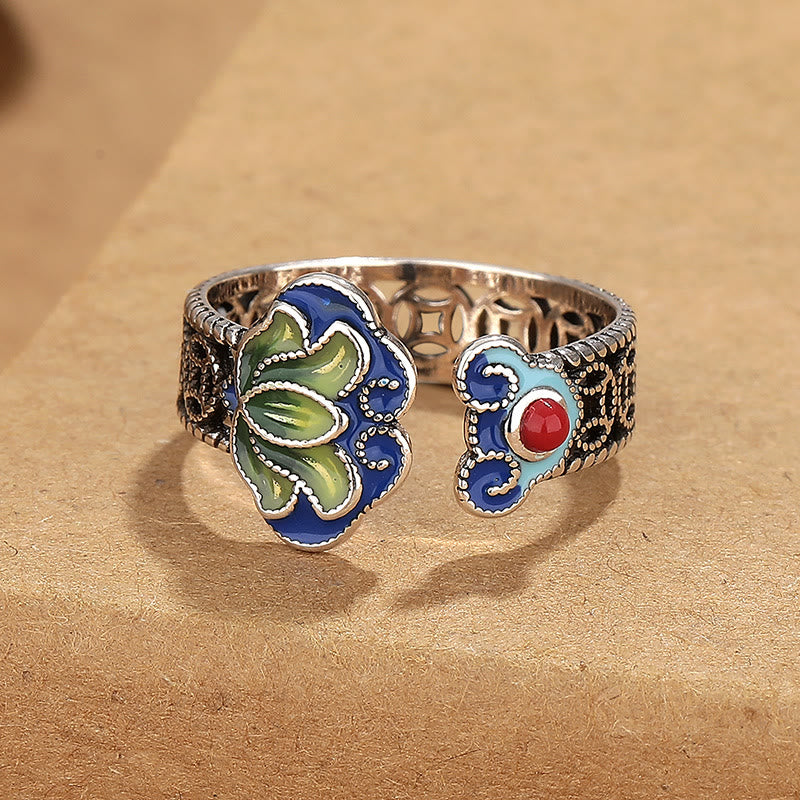 Adjustable Copper Lotus Flower Ring with Ruyi Handle Symbol