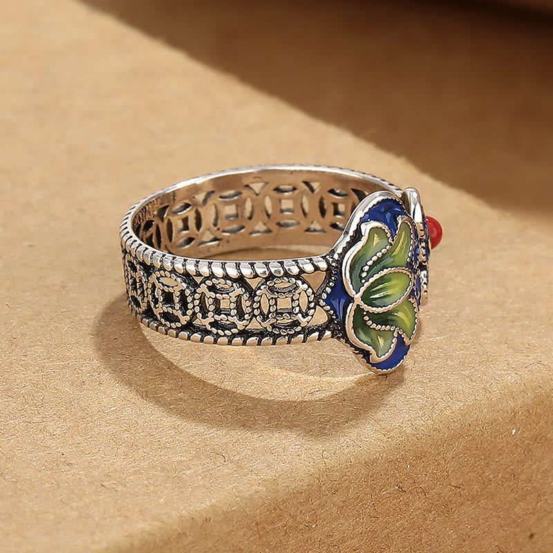 Adjustable Copper Lotus Flower Ring with Ruyi Handle Symbol