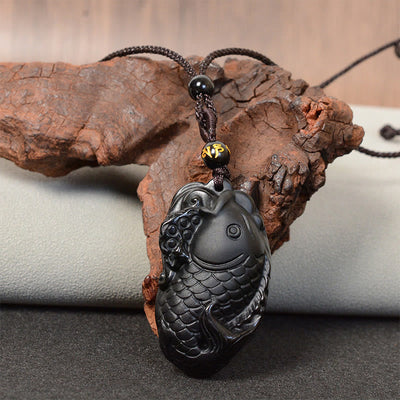 Black Obsidian Necklace Pendant with Amphioxus Symbol
