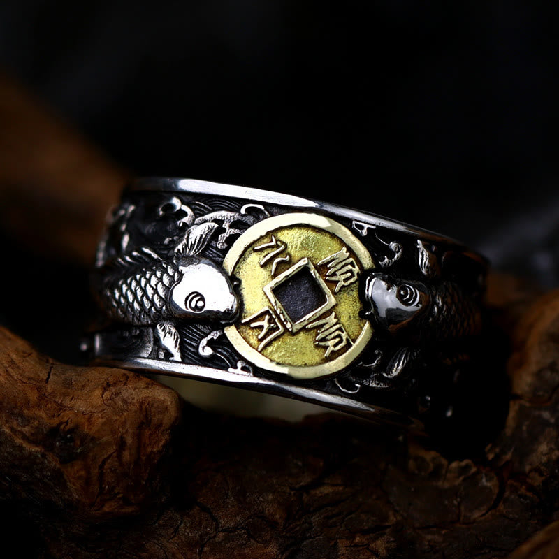 Adjustable Sterling Silver Koi Fish Ring for Luck
