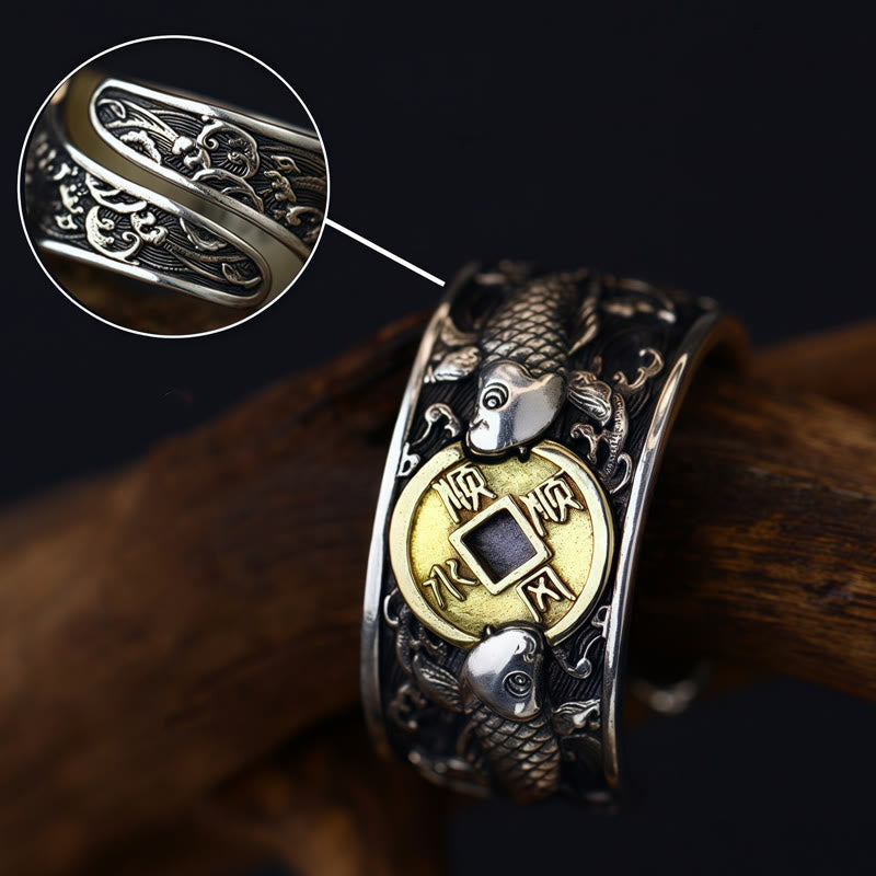Adjustable Sterling Silver Koi Fish Ring for Luck
