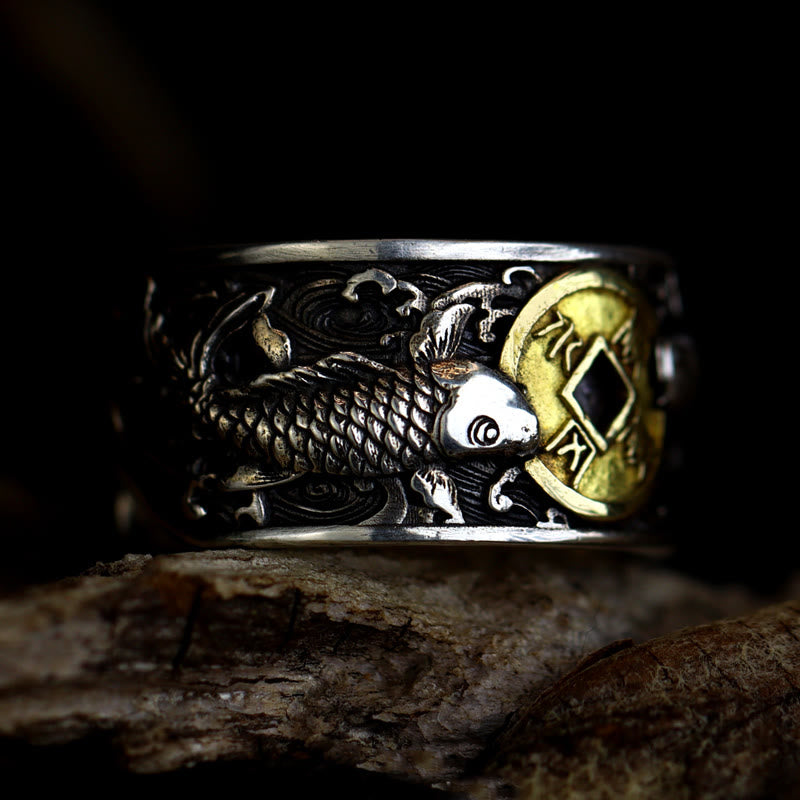 Adjustable Sterling Silver Koi Fish Ring for Luck
