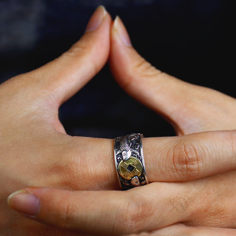 Adjustable Sterling Silver Koi Fish Ring for Luck