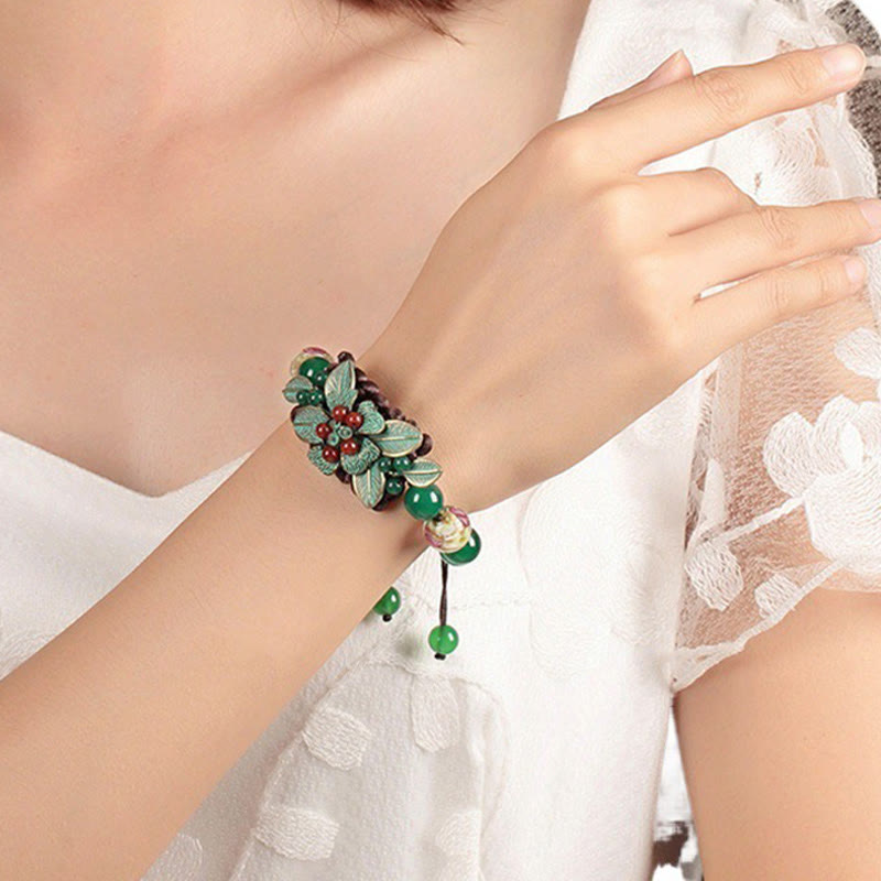 Green Agate Braided Knot Bracelet 5.5-7.9in Wrist