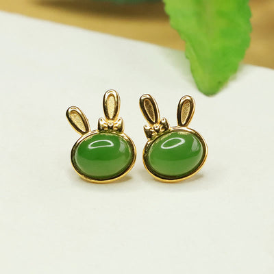 Sterling Silver Hetian Cyan Jade Luck Rabbit Stud Earrings