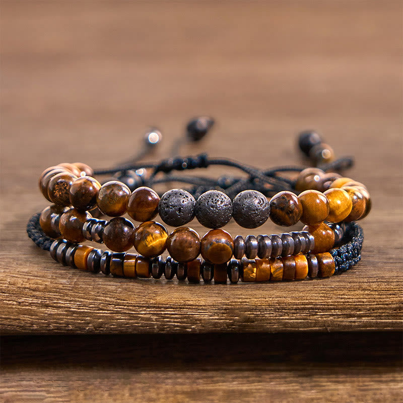 3Pcs Tiger Eye & Lava Rock Protection Healing Bracelet Set