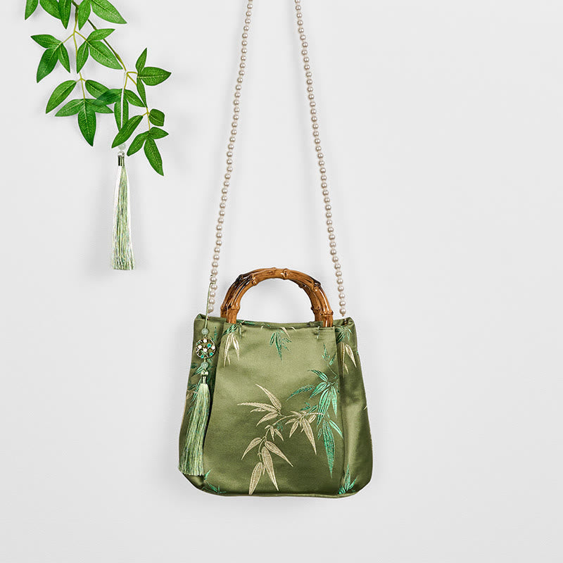 Green Bamboo Handle Pearl Crossbody Bag with Embroidery Leaves Design