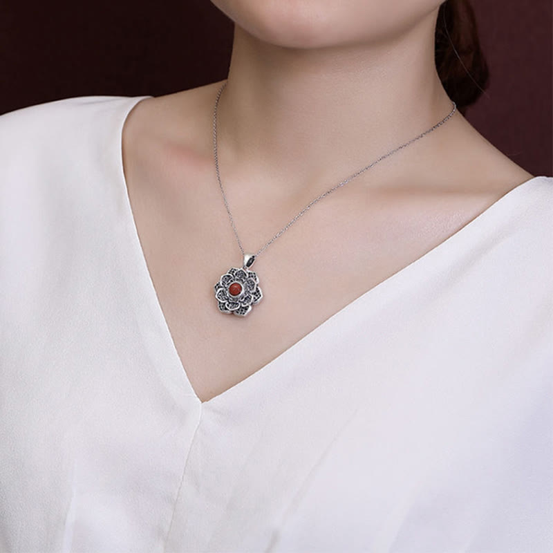 Copper & Red Agate Om Mani Padme Hum Necklace for Peace
