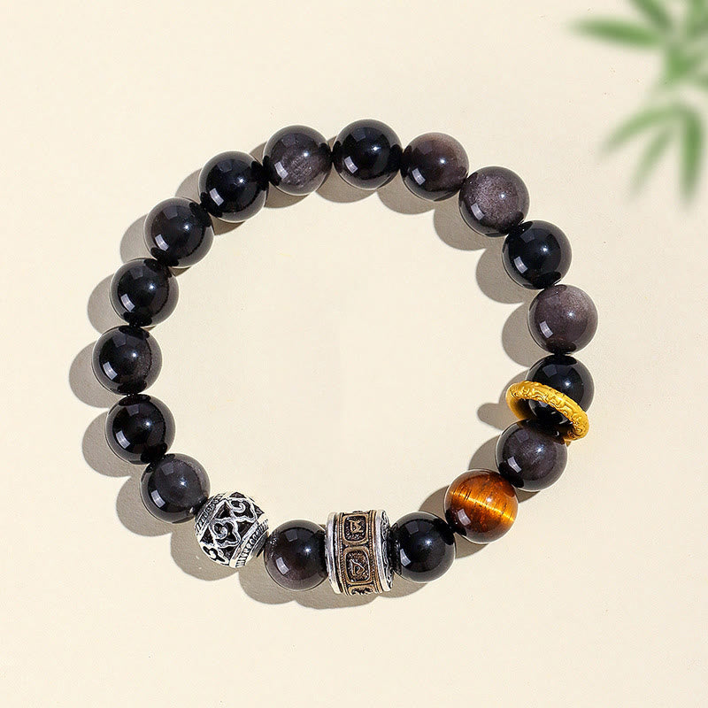 10mm Silver Sheen Obsidian Om Mani Padme Hum Healing Bracelet