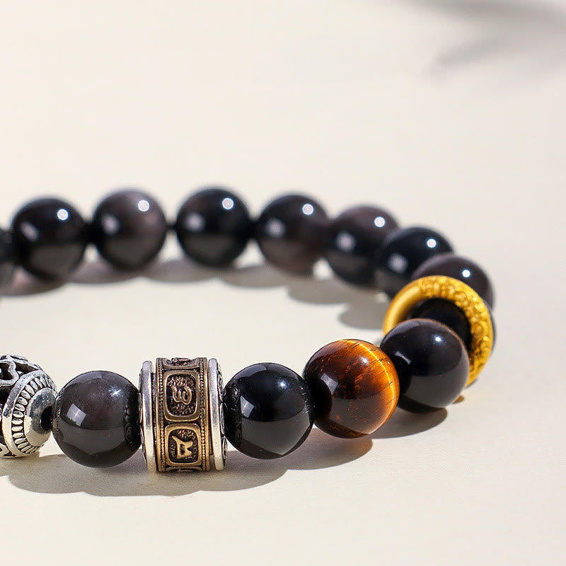 10mm Silver Sheen Obsidian Om Mani Padme Hum Healing Bracelet
