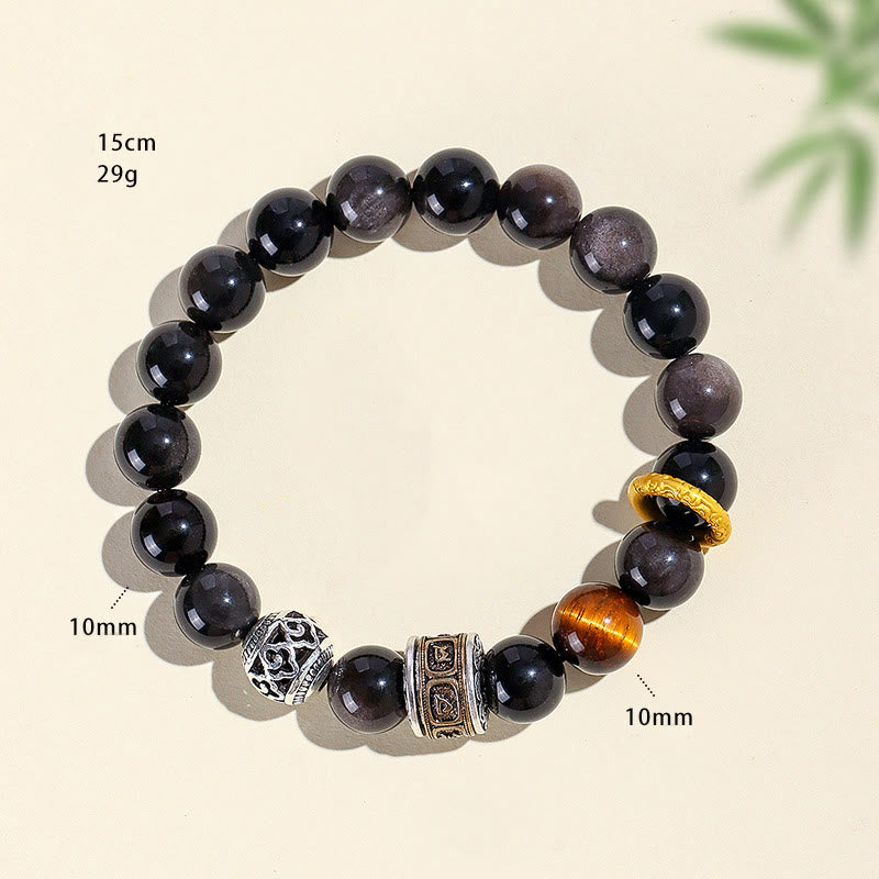 10mm Silver Sheen Obsidian Om Mani Padme Hum Healing Bracelet