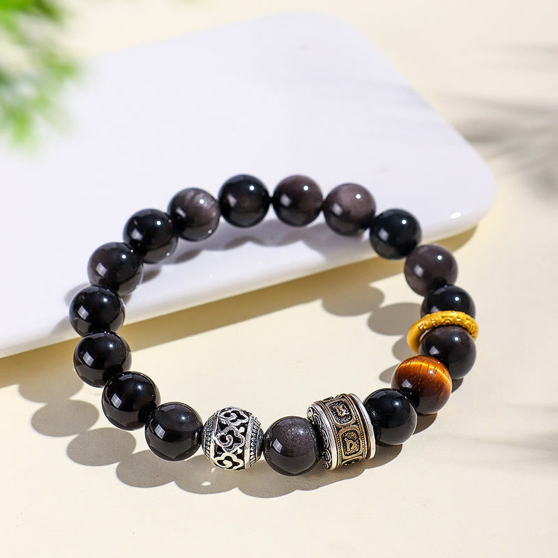 10mm Silver Sheen Obsidian Om Mani Padme Hum Healing Bracelet