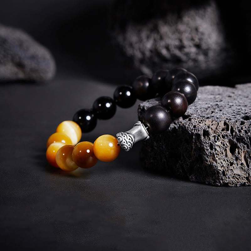 Tiger Eye Bracelet | Ebony Black Obsidian 12mm Beads