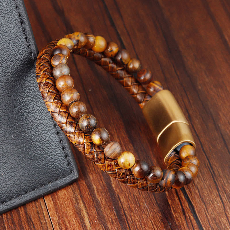 Tiger Eye Strength Bracelet with Leather & Titanium Steel
