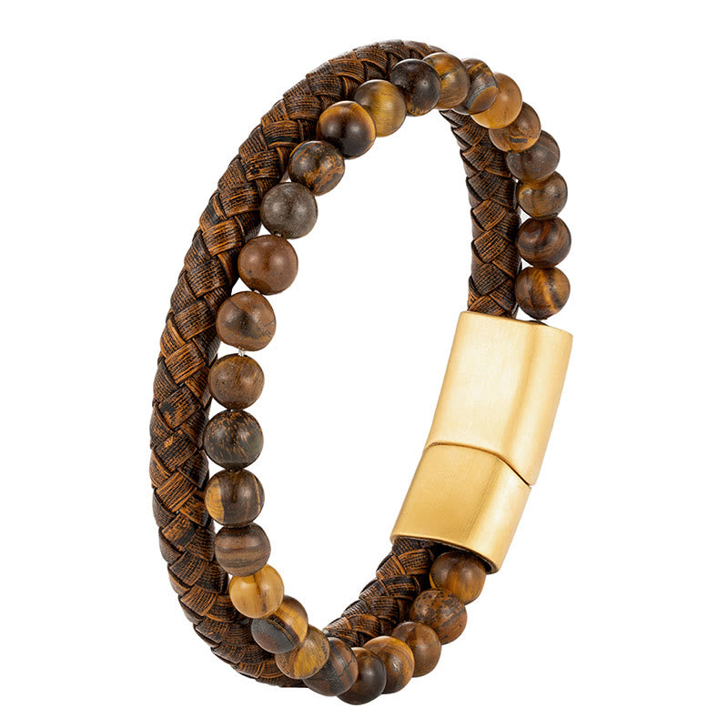 Tiger Eye Strength Bracelet with Leather & Titanium Steel