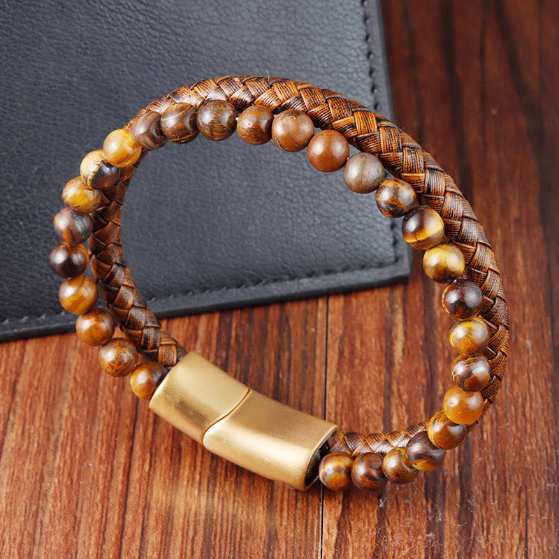 Tiger Eye Strength Bracelet with Leather & Titanium Steel