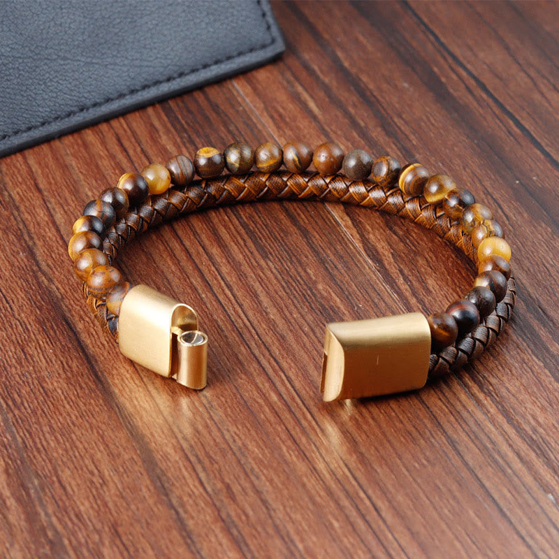 Tiger Eye Strength Bracelet with Leather & Titanium Steel
