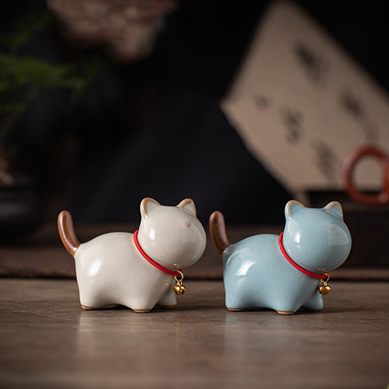 Mini Ceramic Lucky Cat Figurine with Red Rope Bell - Spiritual Animal Figurines