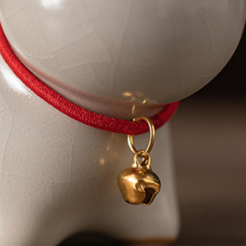 Mini Ceramic Lucky Cat Figurine with Red Rope Bell - Spiritual Animal Figurines