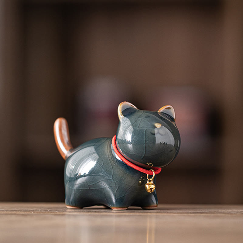 Mini Ceramic Lucky Cat Figurine with Red Rope Bell - Spiritual Animal Figurines