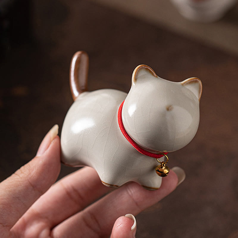 Mini Ceramic Lucky Cat Figurine with Red Rope Bell - Spiritual Animal Figurines