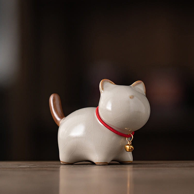 Mini Ceramic Lucky Cat Figurine with Red Rope Bell - Spiritual Animal Figurines