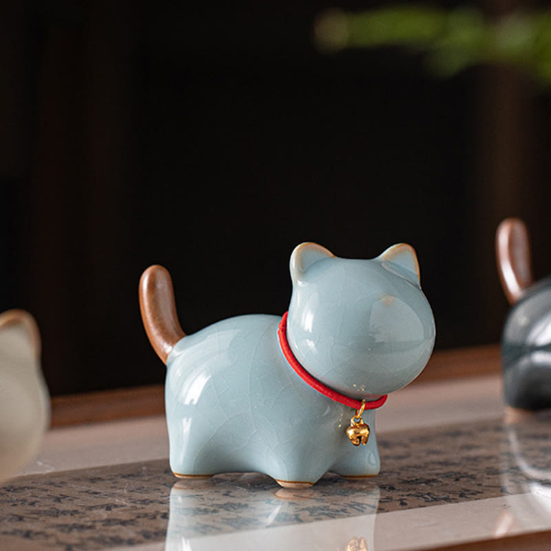 Mini Ceramic Lucky Cat Figurine with Red Rope Bell - Spiritual Animal Figurines